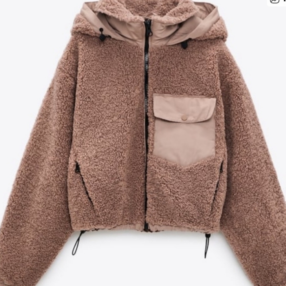 Zara Brown Sherpa Bomber Jacket with Hood